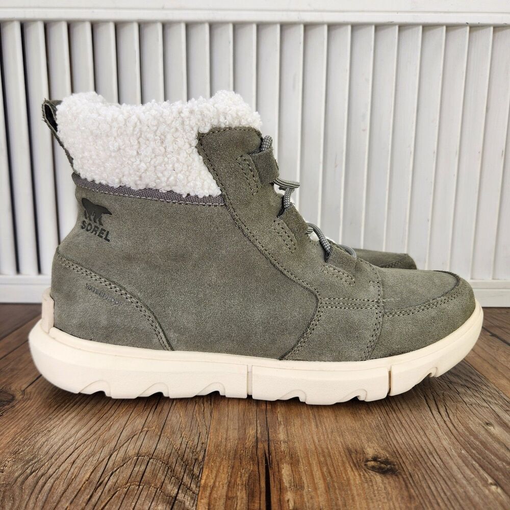 Sorel Explorer II Carnival Cozy Waterproof Boots Womens Sz 8.5 Green Suede Ankle